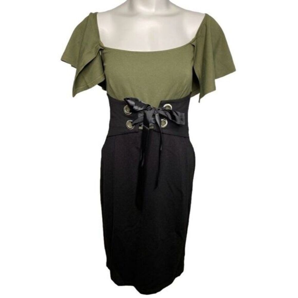 Venus Black Olive Green Corset Flutter Sleeve Sheath Dress sz 6‎